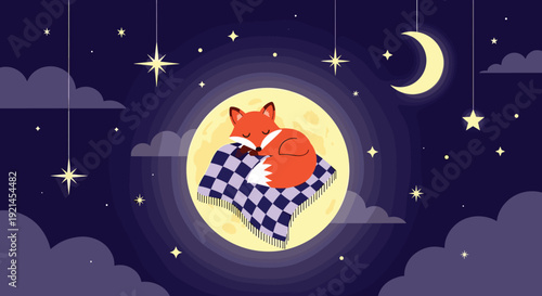 Peaceful scene of a cute fox sleeping on a checkered blanket atop a large glowing moon in a starry night sky with clouds.
