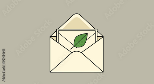 Elegant cream envelope opened to reveal a simple white card decorated with a single vibrant green leaf on a muted background.
