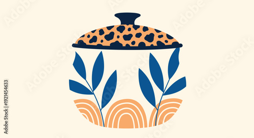 Stylish ceramic cooking pot featuring blue leaf patterns on the body and a bold leopard print lid against a plain background.