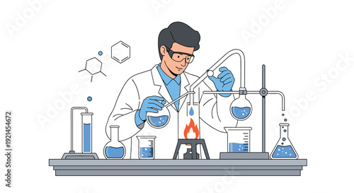 Professional chemist conducting experiments in a laboratory using various glass flasks, tubes, and a bunsen burner for research.