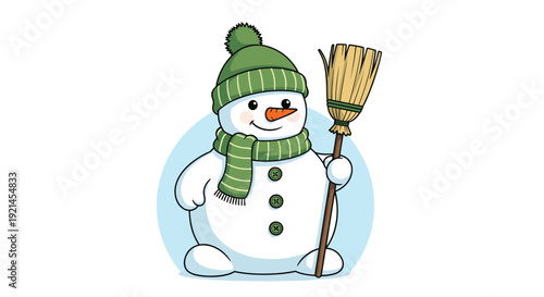Cheerful snowman dressed in a knitted green hat and matching striped scarf holding a traditional straw broom on a light background.
