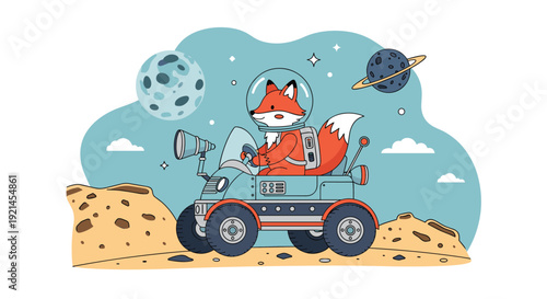 Adorable fox astronaut driving a space rover on a rocky lunar surface with planets and stars visible in the sky.