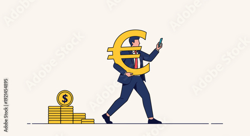 Professional businessman in a suit walking and carrying a large golden euro symbol while looking at his smartphone.
