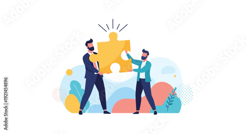 Pair of professional businessmen collaborating to hold a large golden glowing puzzle piece representing a key business solution.