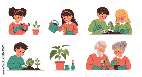 Collection of scenes showing different people including children and seniors joyfully engaged in gardening and planting activities.