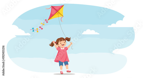 Joyful young girl with pigtails running and flying a colorful diamond shaped kite against a bright blue sky with clouds.