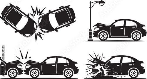 Set of car crash scenes, vehicle collision with lamp post, wall, and head on