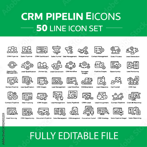 CRM Pipeline Line Icon Set – Sales Funnel, Lead Management, Deal Tracking Vector Collection