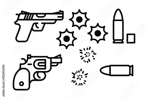Gun icons vector black and white firearm symbols with bullet and impact marks isolated on white background.