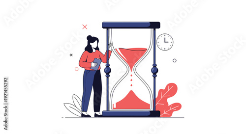 Professional woman holding a tablet and leaning thoughtfully against a giant hourglass representing time management and deadlines.
