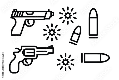 Gun icons vector black and white firearm symbols with bullet and impact marks isolated on white background.
