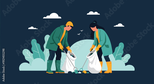 Man and woman working together to pick up litter and place it in large bags as part of an environmental cleanup effort.