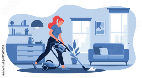 Young woman with red hair cleaning her home using a vacuum cleaner in a modern living room interior with a sofa and shelves.