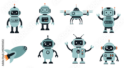 Collection of cute flat robot characters with different designs including a drone and a small rocket ship on a plain white background.