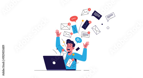 Stressed man sitting at his laptop with many envelopes and message bubbles flying around him representing email overload and burnout.