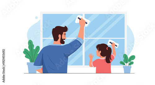 Smiling father and his young daughter cleaning a large window together at home with white cloths on a sunny day with plants.