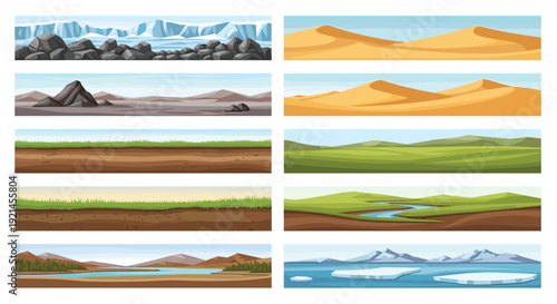 Set of ten pixel art horizontal landscapes featuring different environments like desert, mountains, grassland, and icy water scenes.