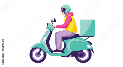 Delivery courier wearing a helmet and backpack riding a turquoise scooter to transport food or packages to customers.