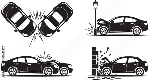 Car crash scenes, collision with lamp post, wall, and head on accident