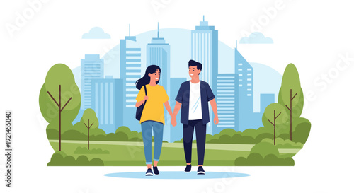 Happy young couple holding hands and walking together in a green city park with tall skyscrapers in the background under a blue sky.