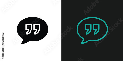 A split-screen image featuring a black quotation mark in a speech bubble on a white background and a teal quotation mark in a speech bubble on a black background