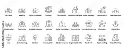 Corporate teamwork and office innovation line icon set