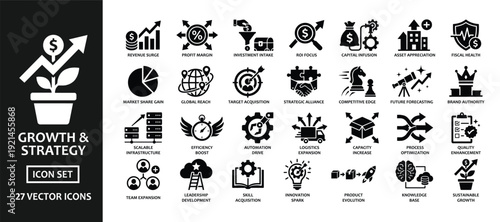 Growth and strategy business icon set vector