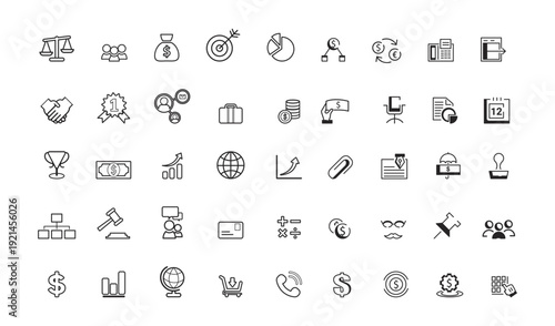 Business icon set of 48 line symbols for finance and office
