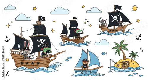 Collection of pirate themed illustrations featuring animal characters on ships, a treasure island, anchors, and stars on a white background.