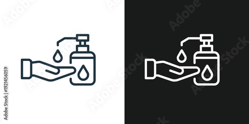 Hand holding dispenser illustrating hygiene and sanitation practices with liquid soap being dispensed into another hand from a pump bottle clearly shown