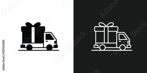 Delivery trucks with gift boxes on white and black backgrounds, simple illustration, side view, monochrome style