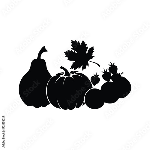 fall harvest fruits silhouette vector illustration, Silhouette of assorted fruits including pear, pumpkin, and berries, elegant vector illustration