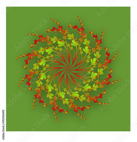 Crimson tendrils and fresh green leaves swirl outward, forming a fiery botanical vortex alive with motion, contrast, and natural rhythm.