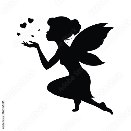 fairy blowing kisses silhouette vector illustration, A magical fairy silhouette vector illustration spreading love with hearts