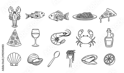 Black-and-white seafood and cuisine icon vector set for culinary illustrations
