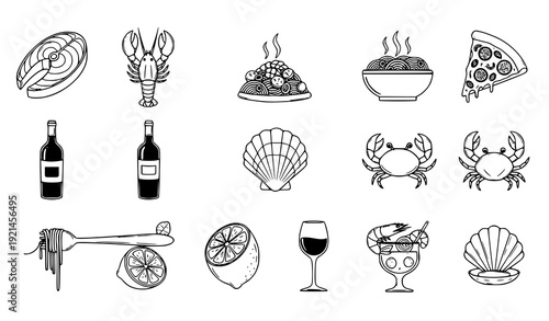 Cartoon seafood and food icons vector set in black and white for restaurant and culinary design