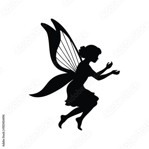 fairy playing harp silhouette vector illustration, Elegant fairy with wings in motion, magical creature, silhouette vector illustration