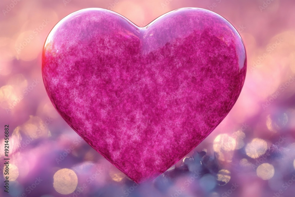 Obraz premium Glossy marbled pink heart resting on a soft bokeh background, dreamy romantic and affectionate mood
