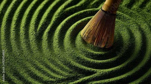 Close-up of the ripples of the dry landscape and the bamboo teapot drawn with matcha powder/抹茶の粉末で描かれた枯山水の波紋と竹製茶筅のクローズアップ