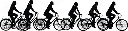 Black silhouette group of active women riding bicycles in a row sequence performing healthy outdoor exercise and eco friendly transportation isolated on white background