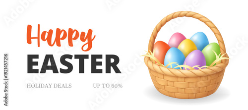 Happy Easter banner with a woven basket and with colorful eggs. 3D realistic illustration perfect for spring promotions, holiday discounts and seasonal marketing materials.
