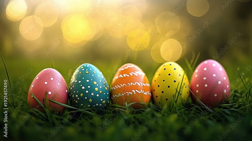 Fototapeta premium five colorful hand painted eggs with dots and stripes resting in green grass with warm bokeh lights conveying a cheerful festive spring mood