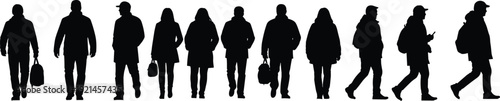 Black silhouettes of diverse people walking in a row carrying bags and wearing winter clothing for urban city life concept isolated on white background