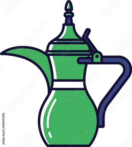 Traditional green Arabic dallah coffee pot with blue accents, simple flat illustration for cultural or beverage themes.