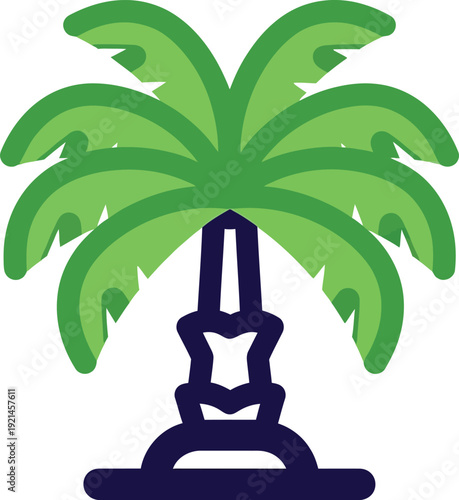 Stylized green palm tree with blue trunk base, simple flat illustration for travel, tropics, or summer themes.
