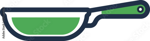 Green frying pan with blue handle, simple flat vector illustration for cooking, kitchen, or culinary themes.