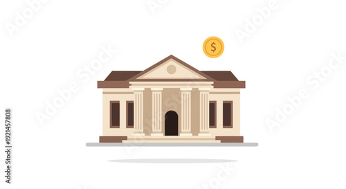 Financial institution building with golden coin icon, representing banking, investment, economy, and wealth. Flat vector illustration.
