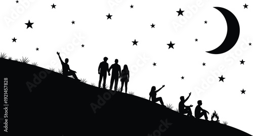 Black silhouettes of people sitting on a hill under a crescent moon and starry sky enjoying a campfire and night landscape isolated on white