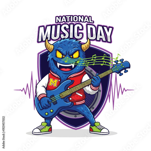 National Music Day Monster playing electric guitar with shield backdrop