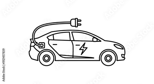 Line art icon of an electric car being charged with a power plug and lightning bolt, symbolizing eco-friendly transport.